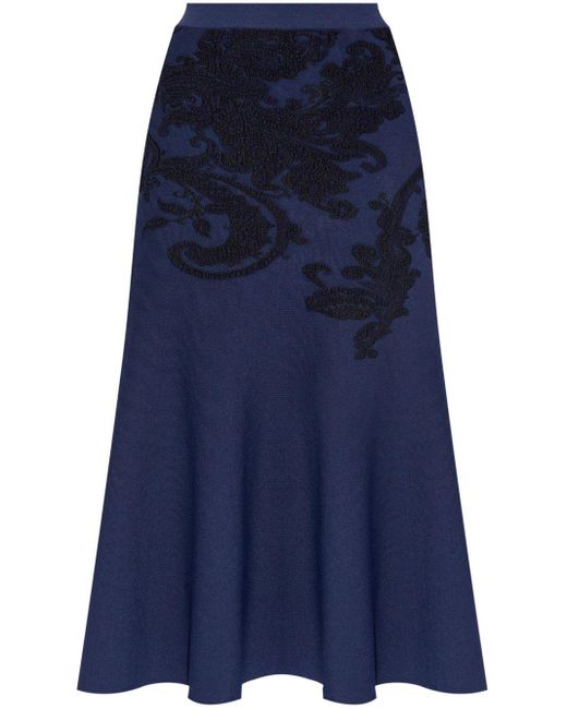 Etro Blue Embroidered A-line Midi Skirt