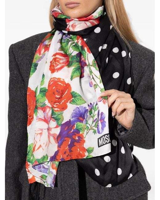 Moschino Gray Floral-Print Polka-Dot Scarf