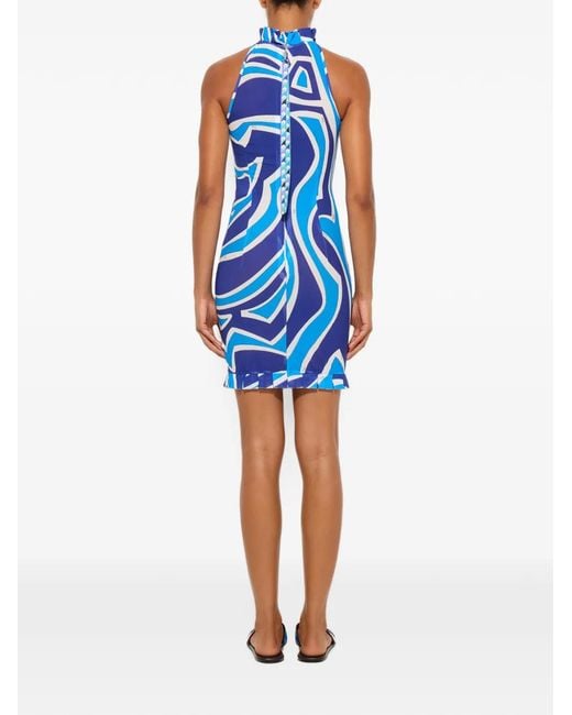 Emilio Pucci Blue Robe Imprimée Labirinto À Volants