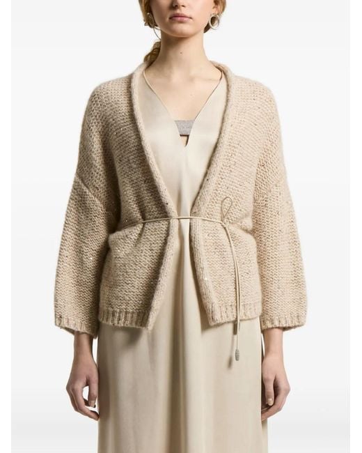 Peserico Natural Sequin-Embellished Belted Cardigan