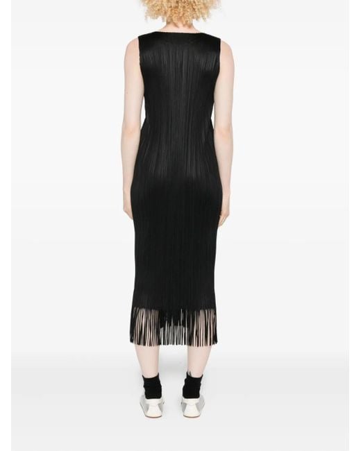 Pleats Please Issey Miyake Black Wave Pleated-Fringe Midi Dress