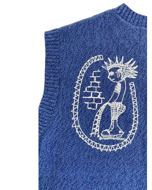 PAS DE MER Blue Doily Embroidered-Patchwork Cotton Sweater Vest for men