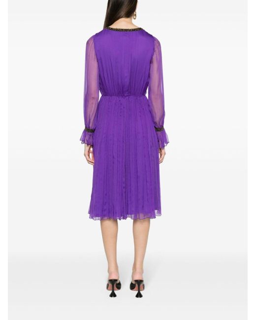 Nissa Purple Bead-embellished Silk Midi Dress