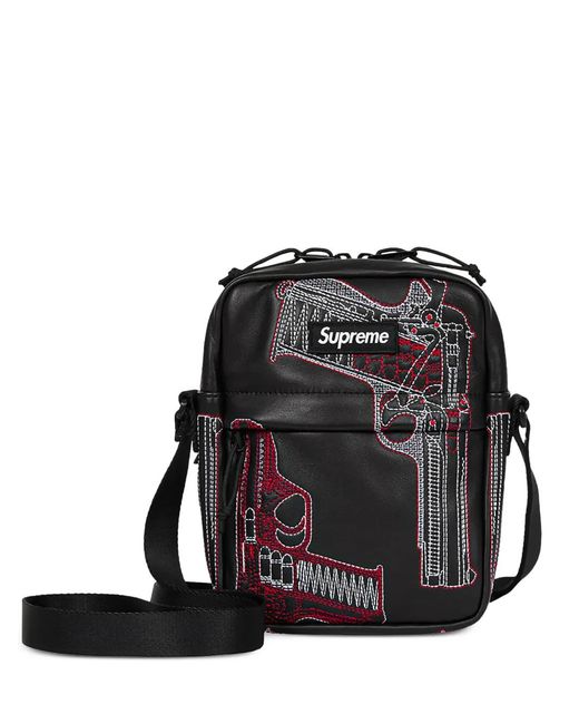 Supreme Black Embroidered Leather Messenger Bag for men