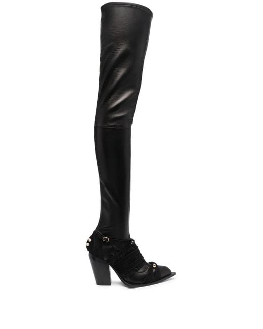 HARDOT Black Fringed-Panel Thigh Boots