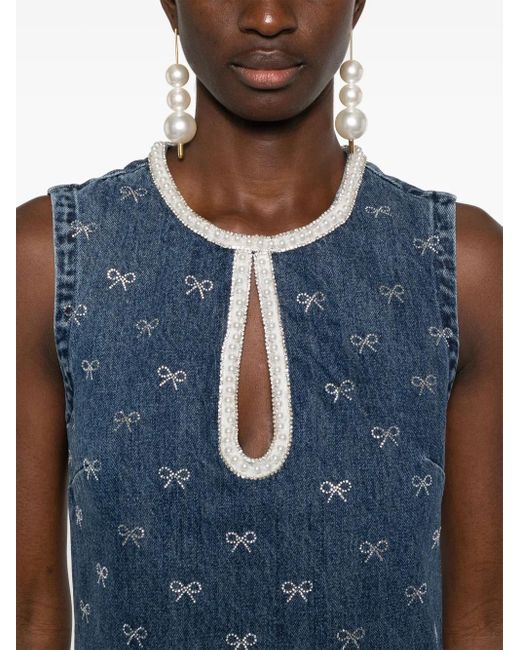 Self-Portrait Blue Crystal-Bow Denim Mini Dress
