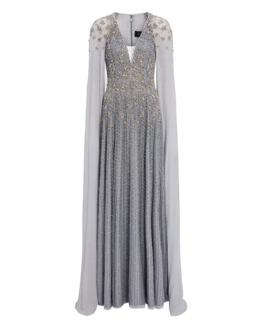 Jenny Packham Gray Moonlight Crystal-Embellished Cape-Design Dress