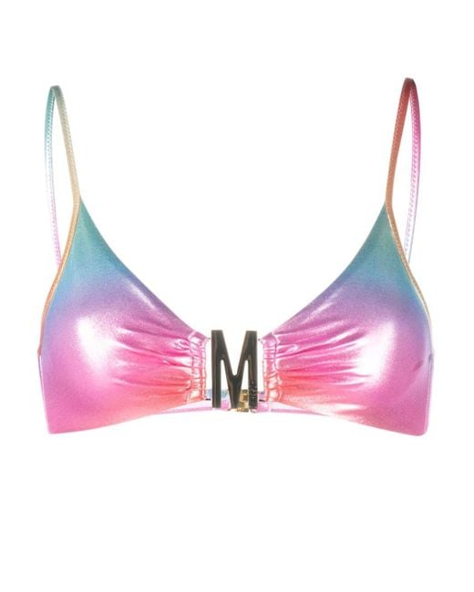 Moschino Pink Gradient-effect Logo-plaque Bikini Top