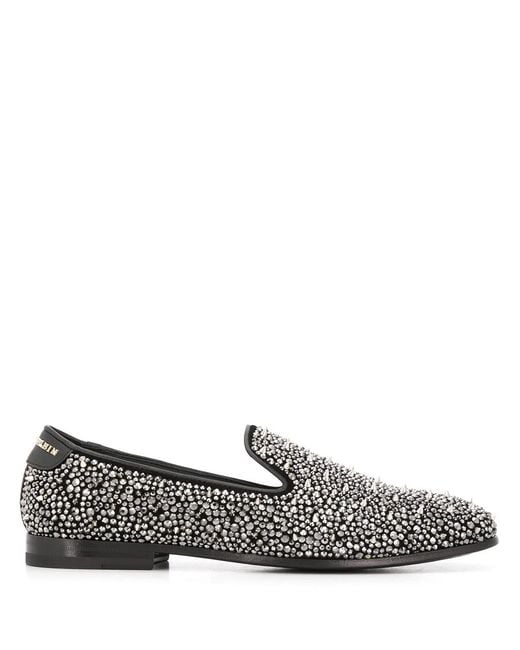 Philipp Plein Gray Rhinestone Studded Loafers for men