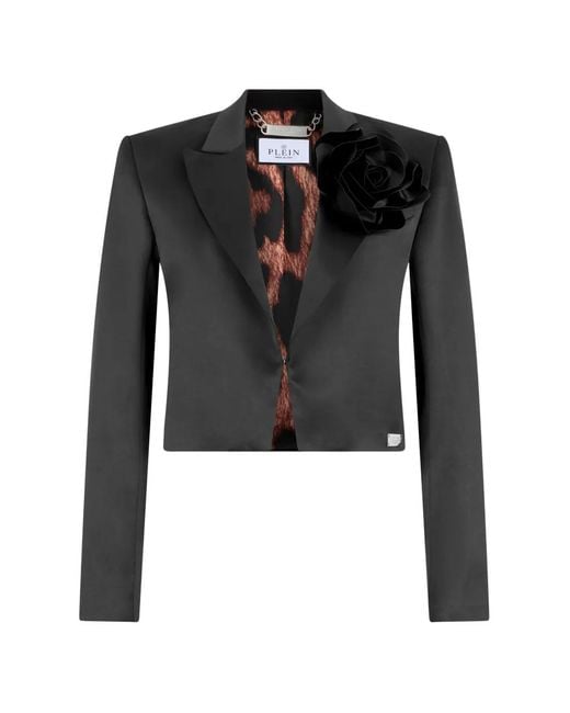Philipp Plein Black Flower-Appliqué Satin Jacket