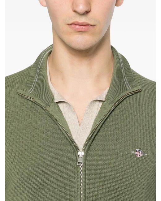 Gant Green Zip-Up Waffle-Knit Cardigan for men
