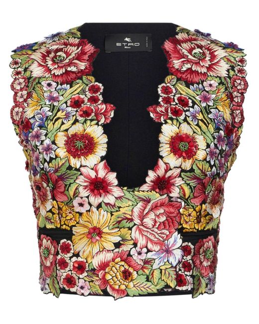 Etro Red Floral-appliqué Cropped Top