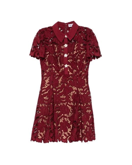 Self-Portrait Red Guipure-Lace Floral-Button Mini Dress