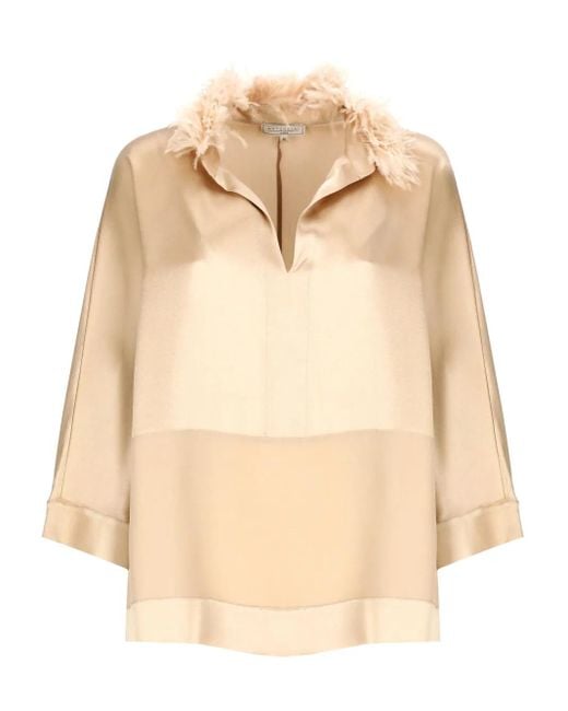 Antonelli Natural Feather-Trimmed V-Neck Top
