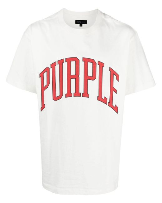 Purple Brand White Collegiate Logo-flocked T-shirt for men