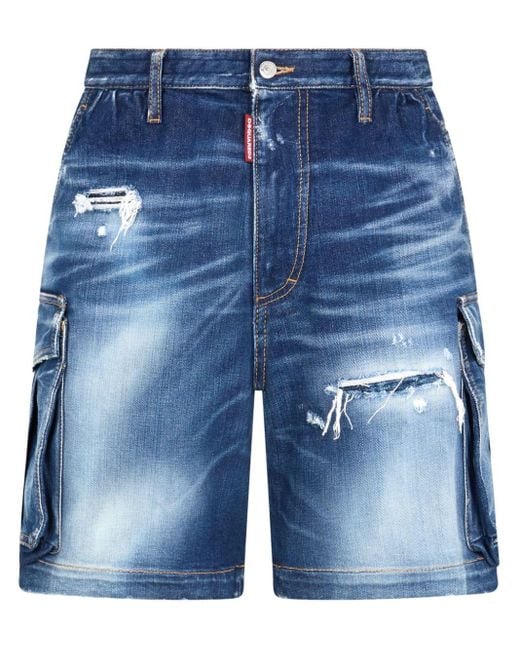 DSquared² Blue Bleached-effect Denim Cargo Shorts for men