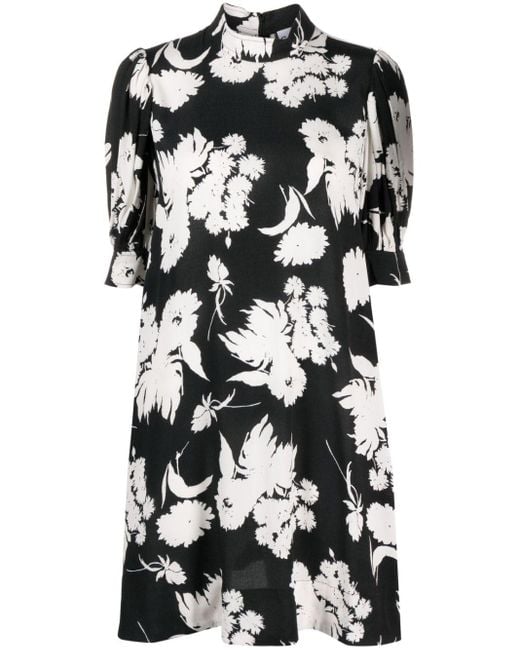 Ganni Black Floral-print Puff-sleeve Mini Dress