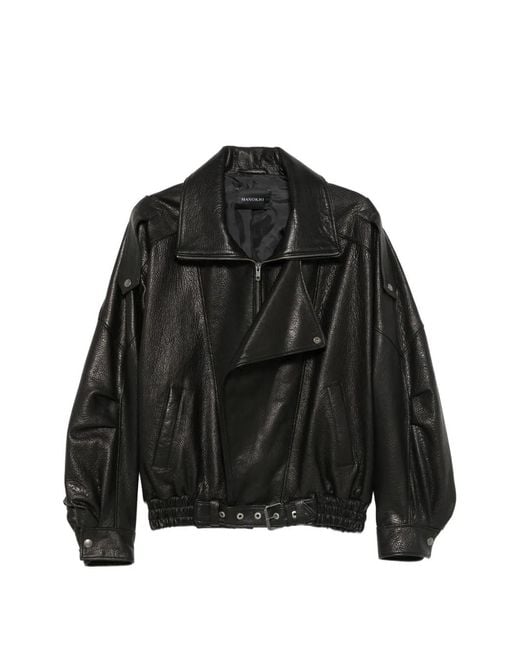 Manokhi Black Mindy Belted Leather Jacket