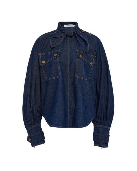Zimmermann Blue Bow-Detail Cargo-Pockets Denim Blouse