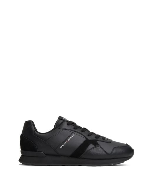 Tommy Hilfiger Black Leather Embossed Logo Trainers for men