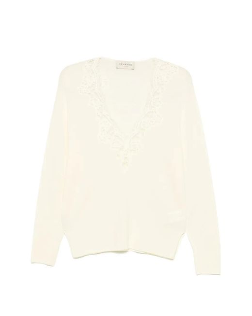 ERMANNO FIRENZE White Lace-Trim V-Neck Sweatshirt