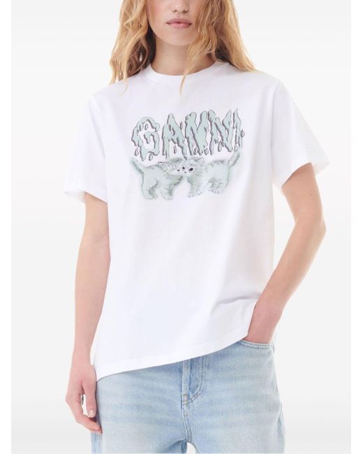 Ganni White Logo-Print Cotton T-Shirt