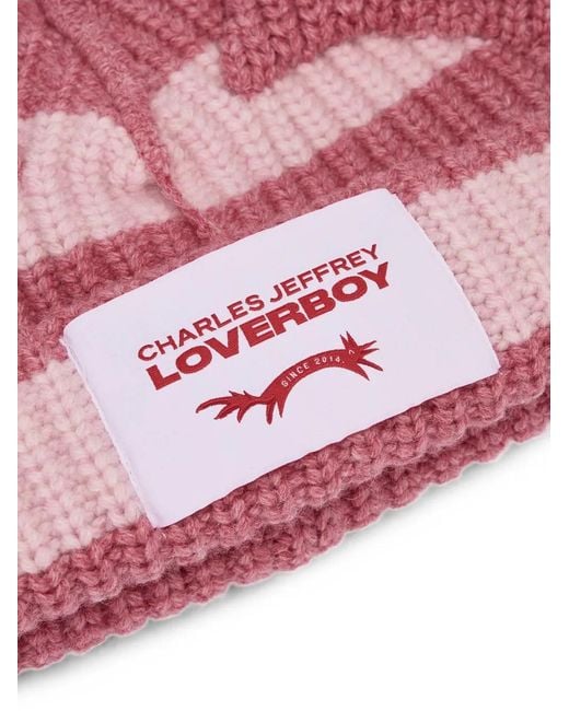 Charles Jeffrey Red Chunky Ears Striped Knit Beanie Hat
