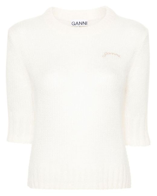 Ganni White Logo-embroidered Knitted T-shirt
