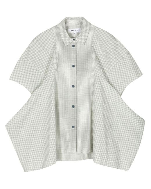 Enfold White Check-print Cotton Peplum Shirt