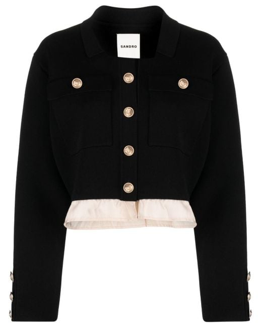 Sandro Black Contrast-Hem Cropped Jacket