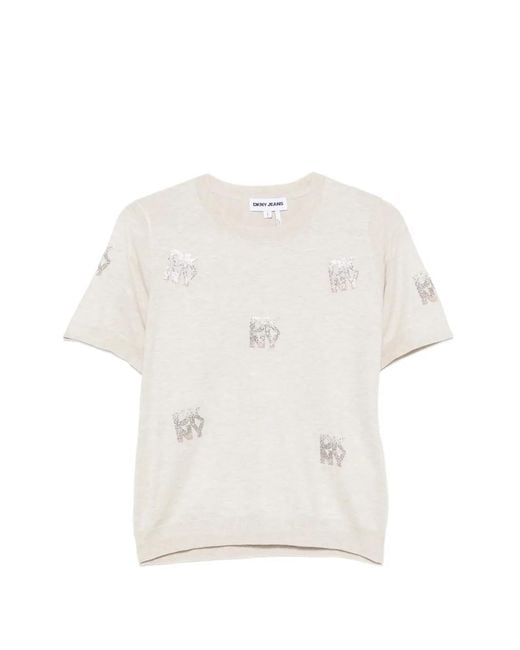 DKNY White Logo-Embellished Short-Sleeve Sweater