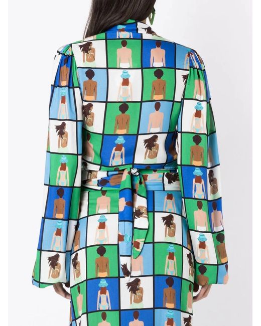 Amir Slama Blue Illustration-Print Wrap Blouse