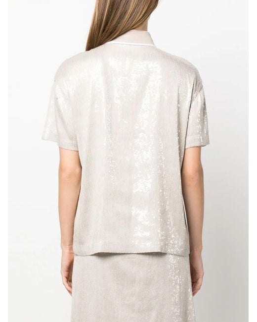 Brunello Cucinelli White Sequin Embellishment Polo T-Shirt