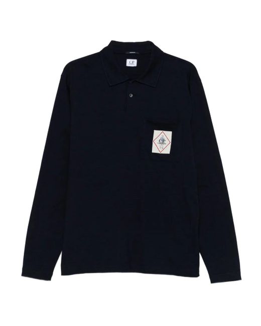 C P Company Blue Logo-Appliqué Long-Sleeve Polo Shirt for men