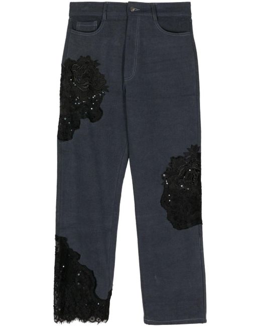Collina Strada Blue Floral-sequin Appliqué Organic Cotton Jeans