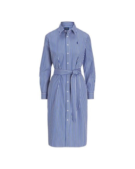 Polo Ralph Lauren Blue Striped-Pattern Belted Midi Dress
