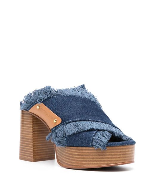 See By Chloé Blue 100Mm Frayed-Detailing Denim Mules