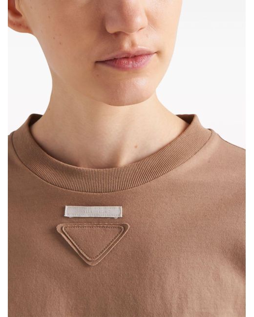 T-shirt en coton à logo triangulaire Prada en coloris Brown