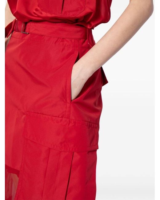 Sacai Red Sheer-panelled Asymmetric Skirt