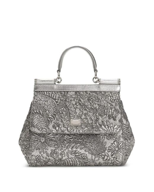 Dolce & Gabbana Gray Medium Sicily Brocade Tote Bag