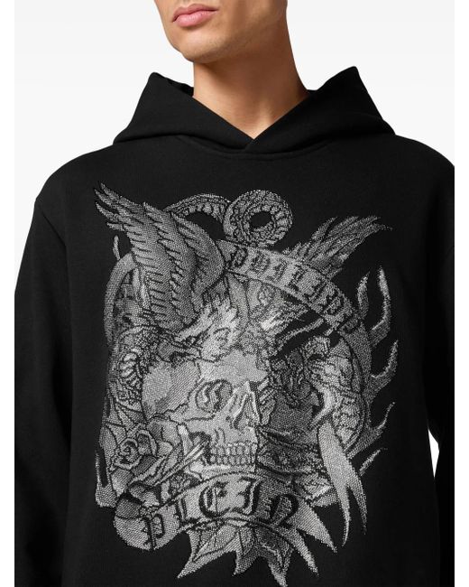 Philipp Plein Black Crystal Tattoo Crystal-Embellished Hoodie for men