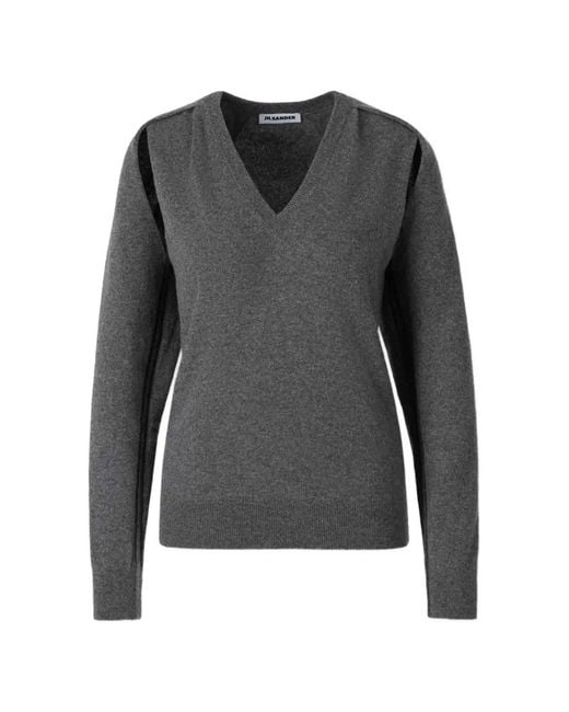 Jil Sander Gray V-Neck Cut-Out Sweater