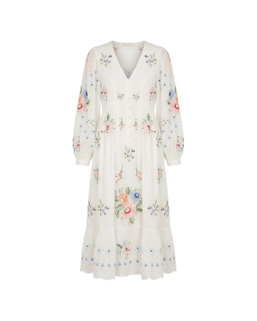 Sea White Serafina Floral-Embroidered Ruffled Midi Dress
