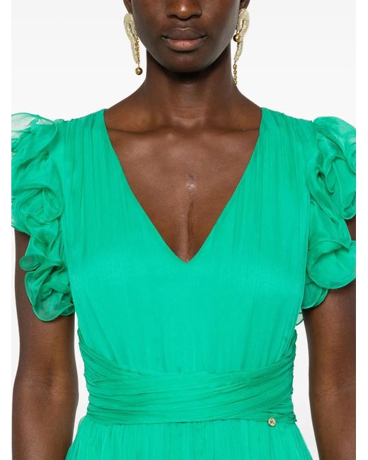 Nissa Green Ruffled Silk Maxi Dress