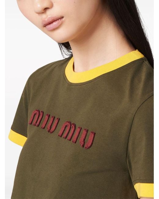 Miu Miu Green Embroidered Cotton Jersey T-Shirt