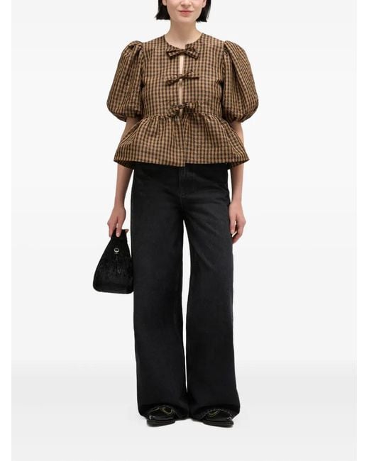 Ganni Brown Crinkled Check Blouse