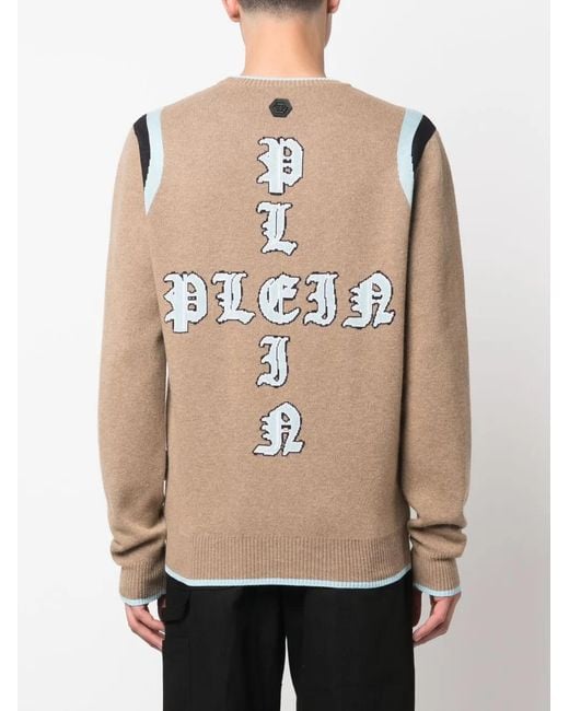 Philipp Plein Natural Intarsia-Knit Logo Knitted Sweatshirt for men