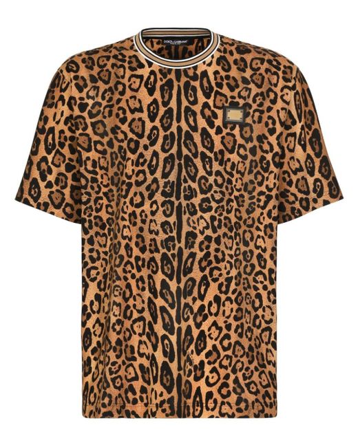Dolce & Gabbana Brown Animal Print T-Shirt With Logo Plate for men