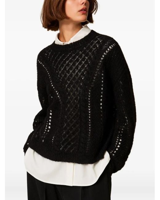 Twinset Black Openwork Wool-Blend Sweater