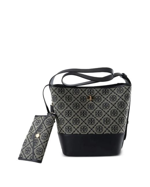 Tory Burch Black T Monogram Leather-Trim Bucket Bag